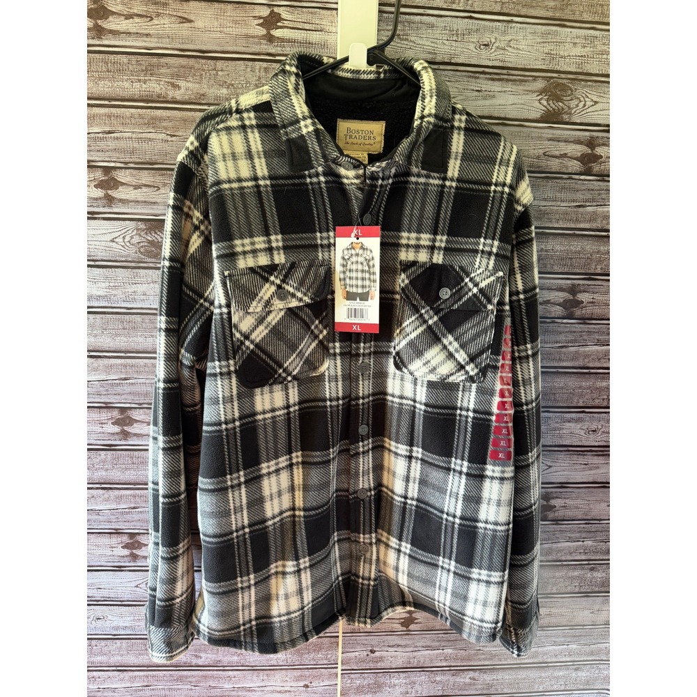 Boston Traders Mens XL Fleece Sherpa Lined Plaid Shirt Jacket Black Onyx